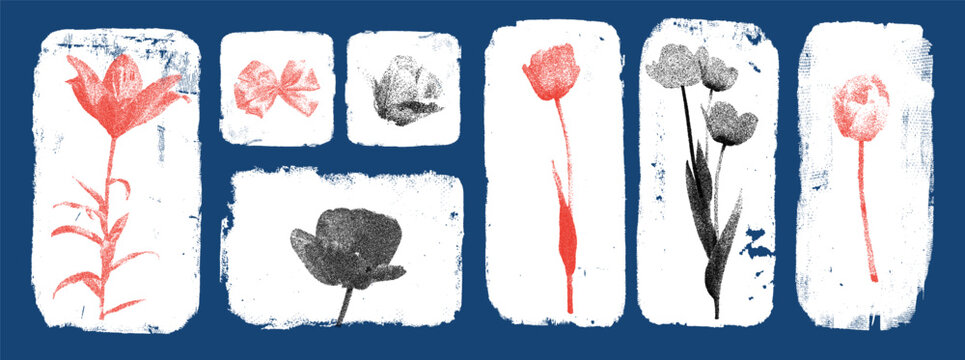 Flower frames with stipple lily, tulip and peony in photocopy halftone look. Red and black blooms on white grunge swatches over blue. Vector collage set of stippled flowers for moody wall art print