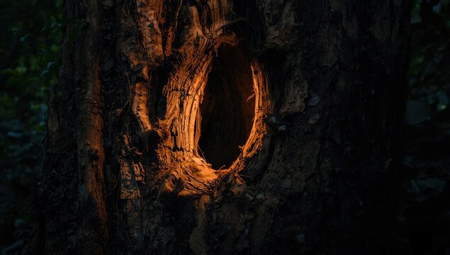 Hollow tree trunk illuminated by soft light