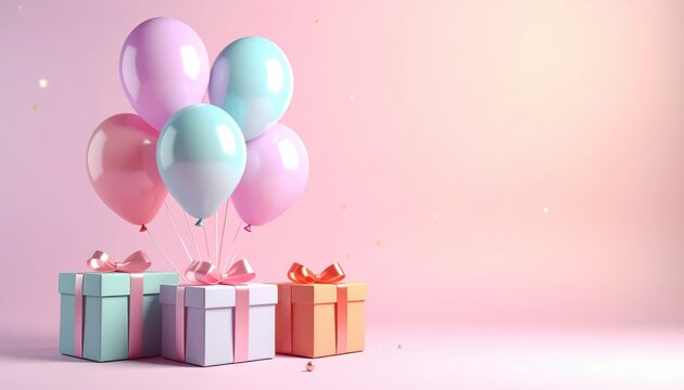 Festive birthday scene with gift box, balloons and greeting card surprise celebration concept