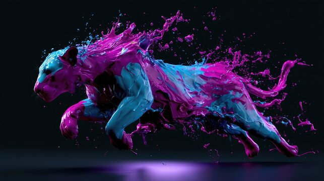 Dynamic feline form exploding with vibrant liquid paint motion