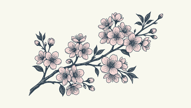 Graceful flowering branch showcases delicate pink blossoms and fresh green foliage in an artistic botanical drawing perfectly conveying the serene beauty of springtime and its natural renewal