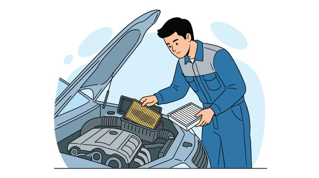 Mechanic changing car air filter illustration