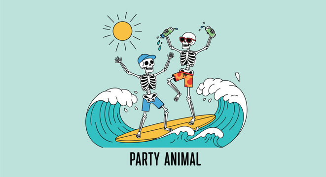 Fun party animal concept featuring two skeletons surfing on a big ocean wave while drinking beer under a bright yellow sun.