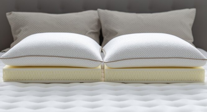 Two king size gel memory foam pillows with visible foam filling on a bed showcasing adjustable thickness for custom comfort