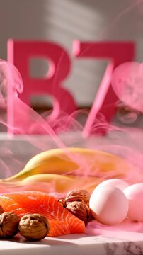 Smoked salmon fillet and eggs on a plate with nuts and pink smoke Vitamin B7
