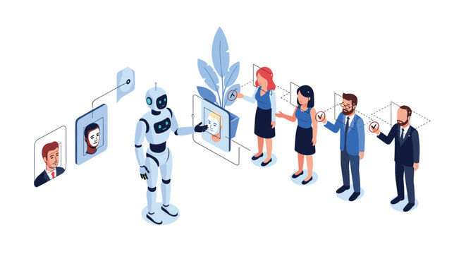 Advanced robot uses facial recognition technology to identify and scan people standing in line at a secure checkpoint area.