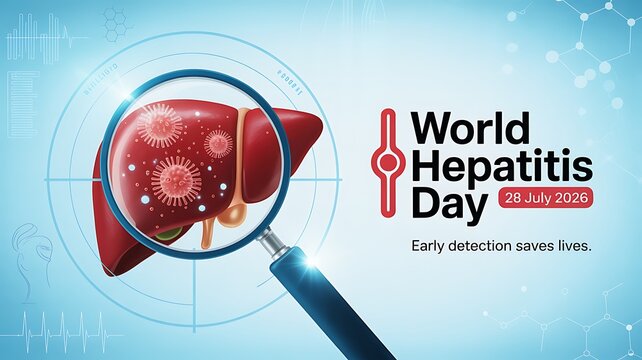 World hepatitis day medical concept with liver and magnifier