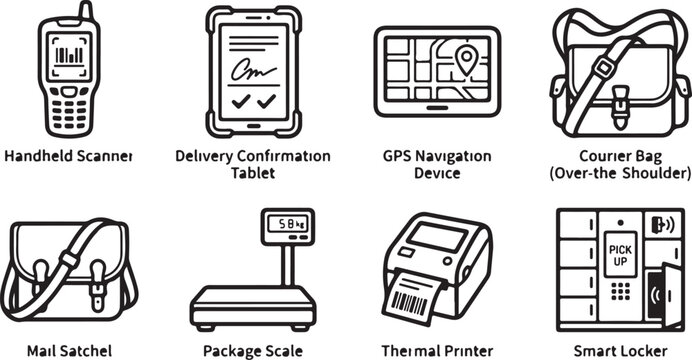 Set of delivery service icons for couriers and logistics with labels on transparent background.