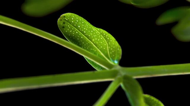 St Johns Wort (Hypericum perforatum): Translucent Leaf Glands Close Up. Plant Chemical Defense Toxins. Dark Background. Cinematic Macro