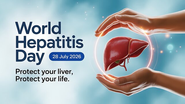 World hepatitis day banner with human hands protecting liver