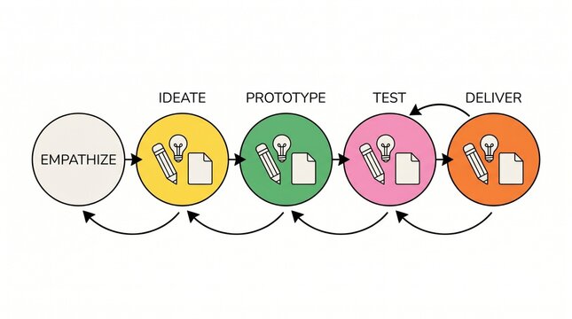 Design thinking process infographic with empathize define prototype and test stages thinking empathize prototype infographic workflow innovation creative strategy planning