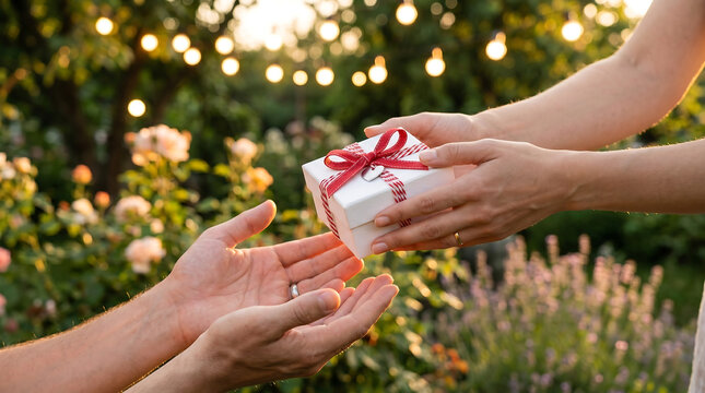 Hands passing white gift box tied with red ribbon to another person against lush green garden background featuring warm glowing string lights at sunset.