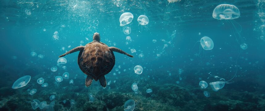Sea turtles in habitat with jellyfish and floating plastic pollution mixed together