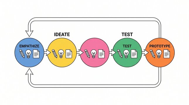 Design thinking workflow infographic showing empathize ideate test and prototype stages with thinking empathize prototype innovation strategy creative workflow business