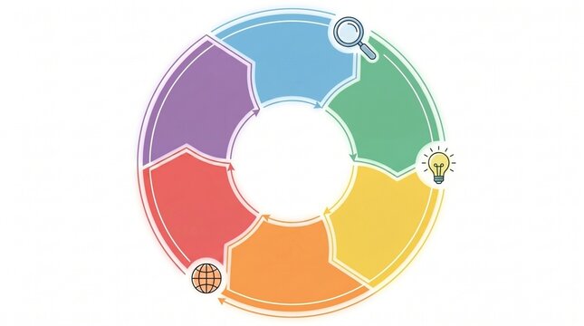 Circular infographic flow diagram with five colourful stages and icons, infographic circular business management strategy development presentation planning workflow