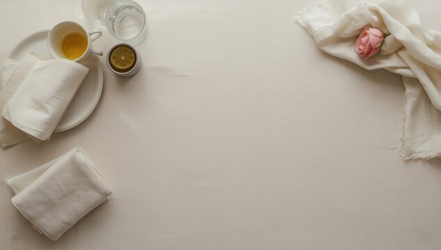Tea cup, plate, and rose on a simple table setting