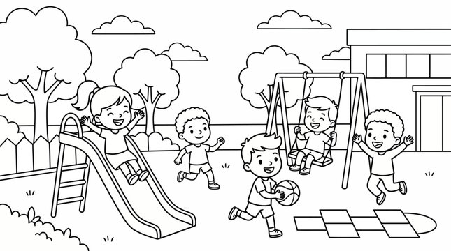 Group of happy diverse children playing together outdoors at a school playground coloring page