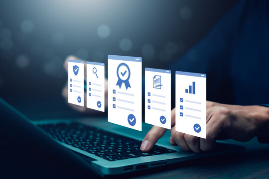Vendor assessment concept with qualification, verification, document review and performance metrics on virtual interface, representing supplier evaluation and procurement management.