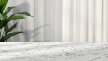 Minimalistic marble surface accompanied by a lightly blurred curtain background ideal for product shots