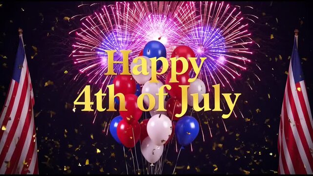 Happy 4th of July Celebration with Fireworks, American Flags, and Balloons: Festive Independence Day