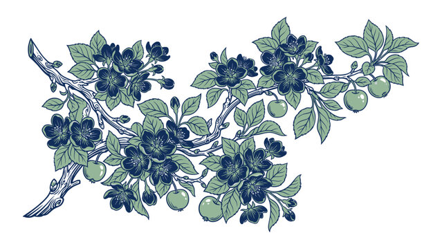 This decorative botanical drawing features a flourishing fruit tree branch adorned with delicate dark blue blossoms fresh green leaves and small developing fruits perfectly evoking the organic