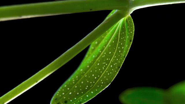 St Johns Wort (Hypericum perforatum). Hyperforin And Essential Oil Accumulation. Translucent Leaf Glands Close Up. Plant Chemical Defense Toxins. Dark Background. Cinematic Macro Studio.