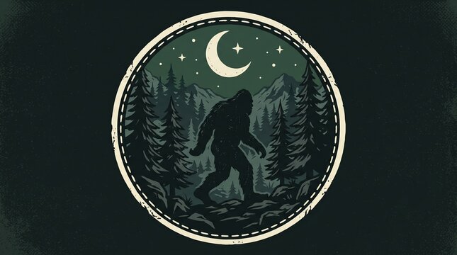 Bigfoot walking in a forest at night.