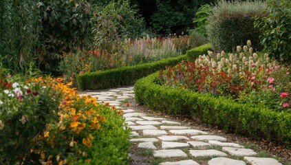 Fototapeta premium Stone pathway winding through a flower garden with greenery