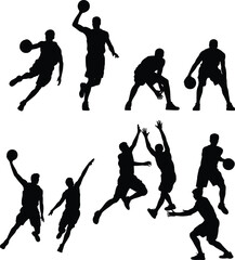 Set of professional basketball player silhouettes featuring various action poses like dribbling, shooting, slam dunking, and playing defense © SreeRupali