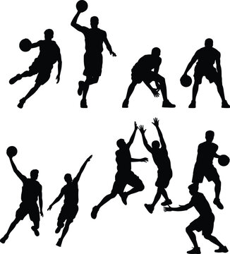 Set of professional basketball player silhouettes featuring various action poses like dribbling, shooting, slam dunking, and playing defense