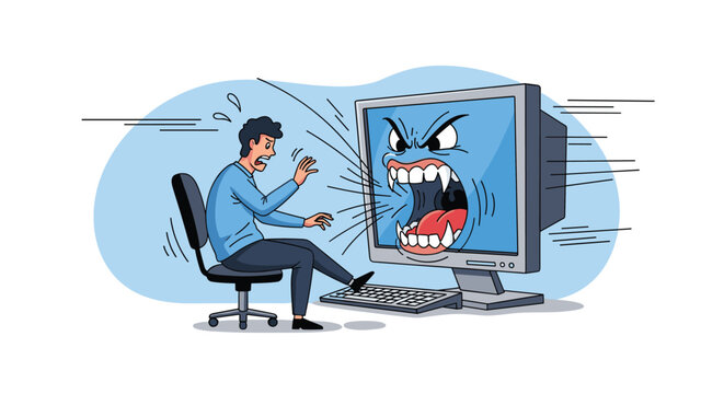 Stressed man reacting to a monster face screaming from his computer screen representing cyberbullying and tech rage.