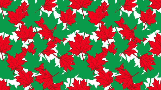 A dynamic repeating visual showcases numerous stylized red and green maple leaves creating a spirited and colorful forest pattern ideal for diverse festive seasonal projects and vibrant