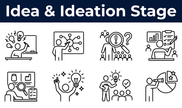 Startup Idea and Ideation Icon set, containing brainstorming, mind map, market research, idea validation, eureka moment, and more. editable stroke. vector illustration.