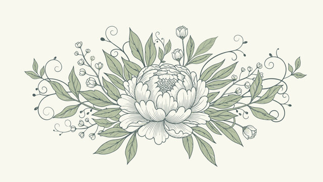 Intricate botanical drawing presenting a large central bloom surrounded by lush green foliage and delicate curling tendrils ideal for enhancing wedding stationery celebration invitations and