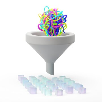 Abstract representation of creative process using colorful strings flowing into a funnel with geometric shapes below, illustrating innovation and ideas