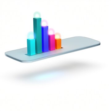 Colorful 3D Bar Graph Display with Neon Glow on Floating Smartphone Screen for Data Visualization and Business Analytics Concepts