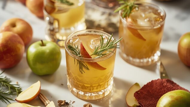 Apple cocktails with fresh herbs and garnishes