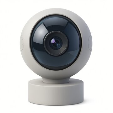 Modern round white camera with a prominent lens, designed for surveillance and photography, showcasing sleek and stylish technology in a minimalistic design