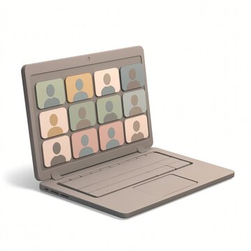 Laptop Computer Displaying Multiple User Profiles in Virtual Meeting Format with Colorful Backgrounds for Online Communication and Collaboration
