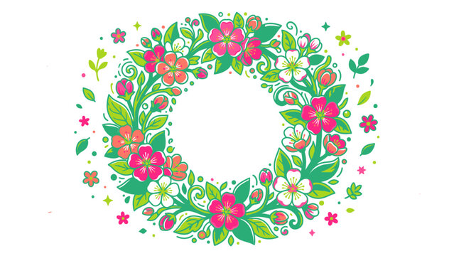 A beautifully vibrant floral wreath frame featuring blooming pink blossoms and lush green foliage creates a cheerful circular border ideal for springtime celebrations and festive decorative