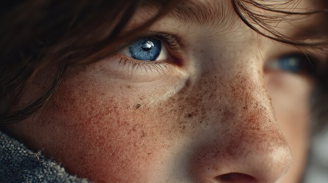 Close-Up of a Young Person's Face with Freckles and Intense Blue Eyes