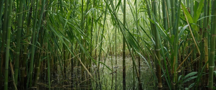 Bamboo thicket with calm water on the ground