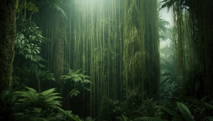 Obraz premium Vertical greenery display of tropical forest with trailing epiphytes and mossy fern fronds in misty wet season environment