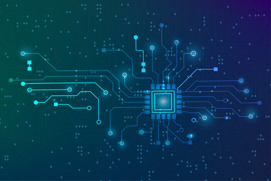 A high-tech digital vector background featuring a central processing unit connected to glowing circuit board lines.