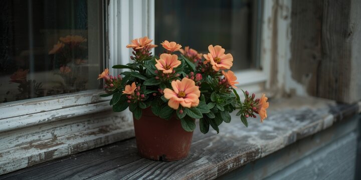 Unbloomed Kalanchoe blossfeldiana placed on a weathered wooden windowsill