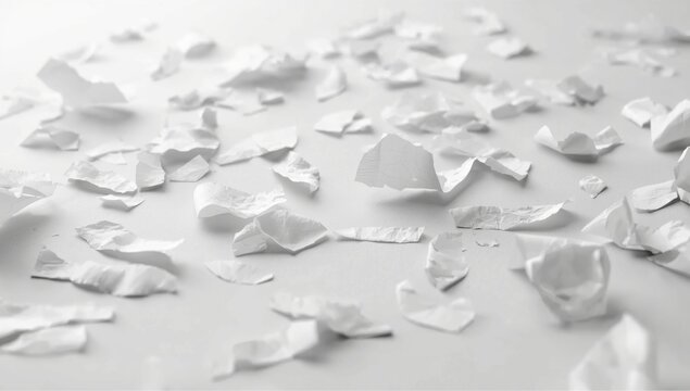 minimal white torn paper flakes on a matte white background with copy space