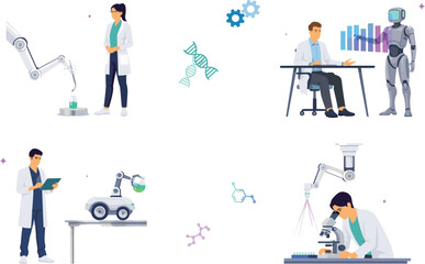 Fototapeta premium Future Science Laboratory Scene Set with Scientists Working with Robotic Arms Artificial Intelligence Cyborg and Advanced Microscope Vector Illustration