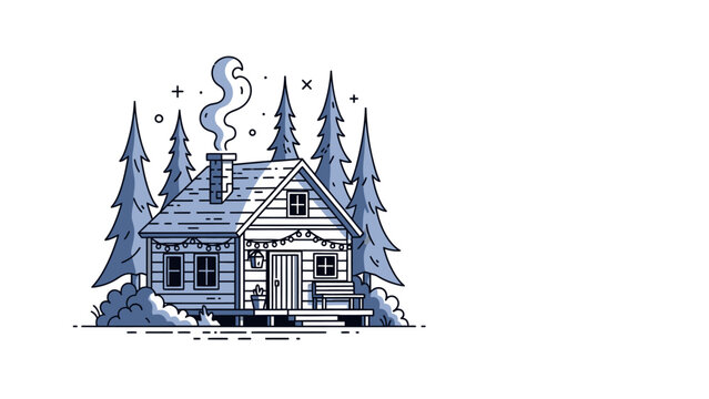 A delightful winter retreat featuring a cozy wooden house nestled within a serene forest of tall evergreen trees is gently covered in snow with smoke ascending from its chimney