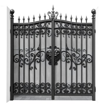 Ornate wrought iron gate with symmetrical scrollwork and pointed finials