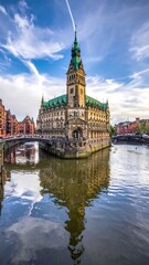 Fototapeta premium Historic building with green roof and spire on canal waterway